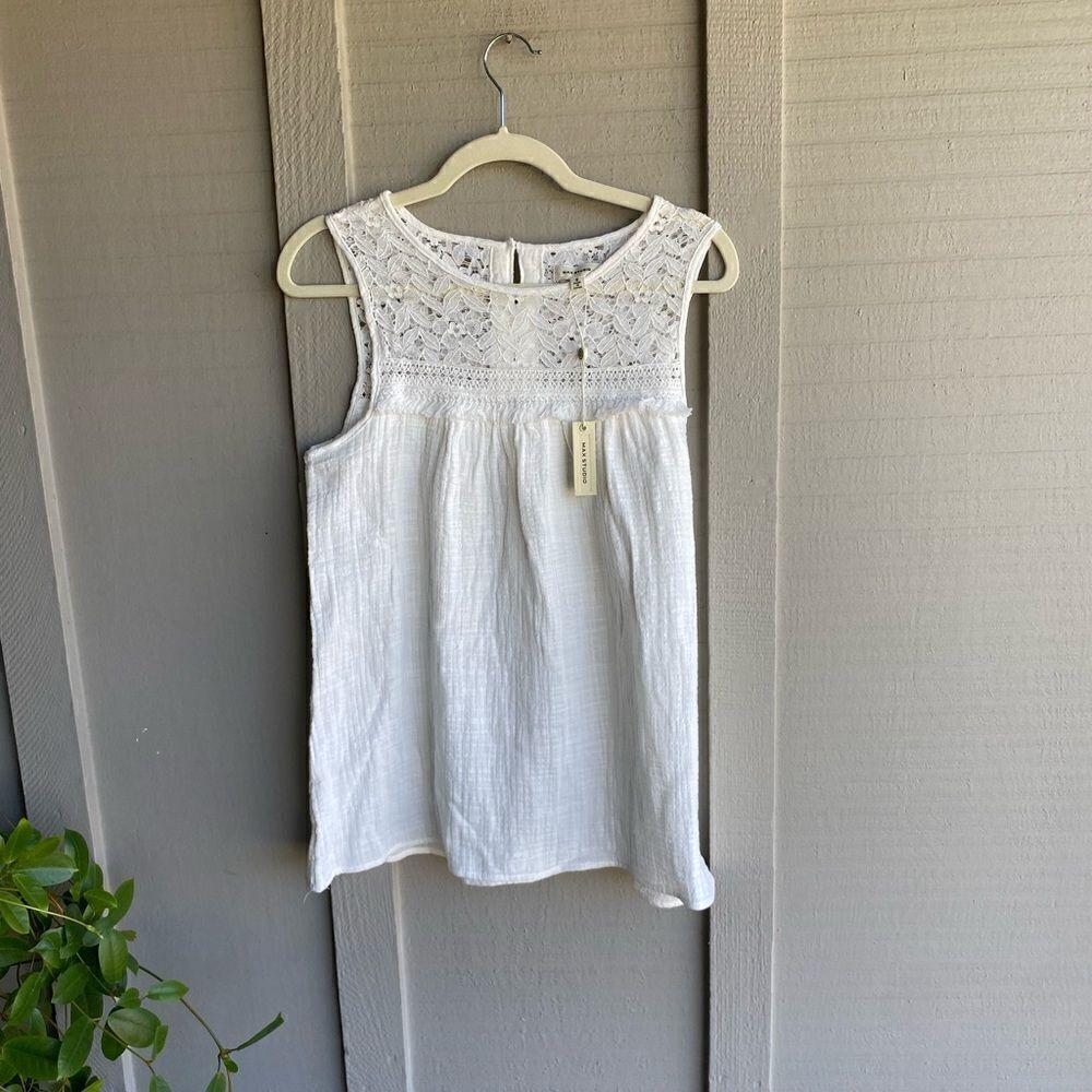 NWT - Max Studio Sleeveless Crochet Lace Cotton Gauze Woven White Top Size: S - Picture 3 of 10